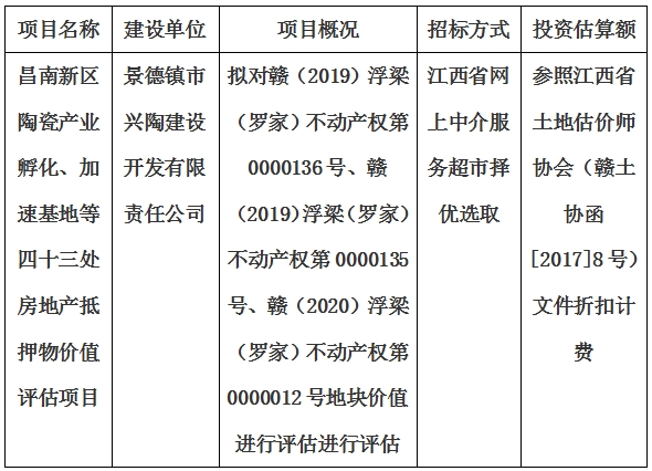 昌南新區(qū)陶瓷產(chǎn)業(yè)孵化、加速基地等四十三處房地產(chǎn)抵押物價(jià)值評(píng)估單位選取計(jì)劃公告