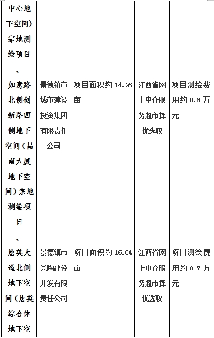 景德鎮(zhèn)市昌南新區(qū)LJ1-03-A01-1地塊、瓷都大道東側(cè)中渡口地下空間（格蘭云天大酒店地下空間）、光明大道北側(cè)利民路西側(cè)地下空間（青少年宮地下空間）、規(guī)劃二路北側(cè)地下空間地塊二（加速基地地下空間）、規(guī)劃二路北側(cè)地下空間地塊一（加速基地地下空間）、景德大道南側(cè)天寶橋西側(cè)地塊、景興大道東側(cè)如意路北側(cè)地下空間(社會公共服務(wù)